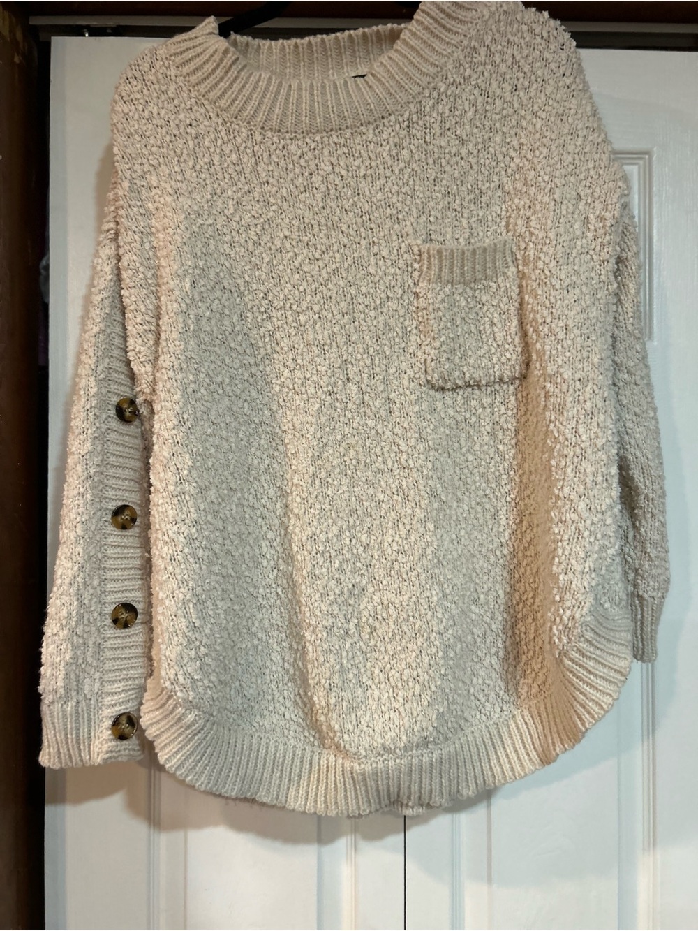 Chunky Cream Crewneck Sweater with Side Button Detail